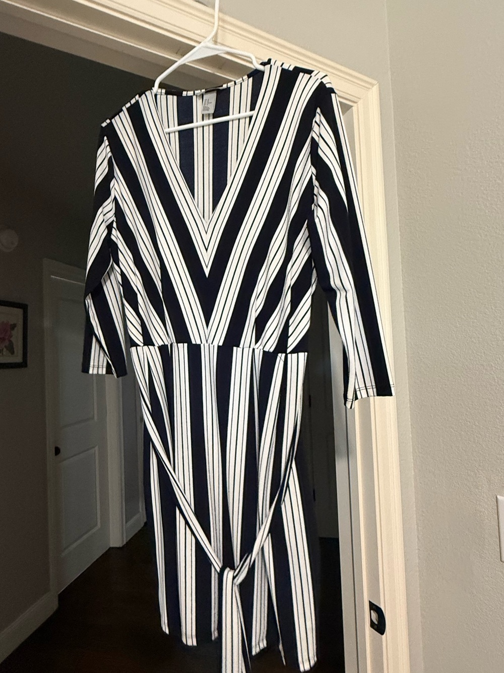 H&M Navy and White Striped Long Sleeve Wrap Dress